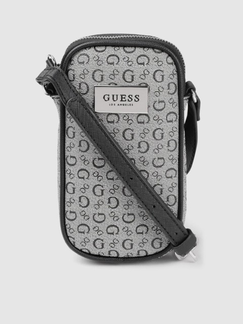 

GUESS Women Charcoal Grey & Black Brand Logo Print Structured Mobile Sling Bag