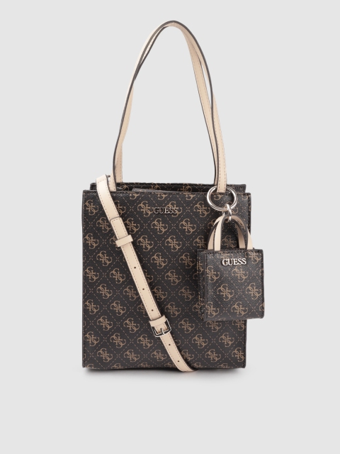 

GUESS Coffee Brown Brand Logo Printed Structured Shoulder Bag with Pouch