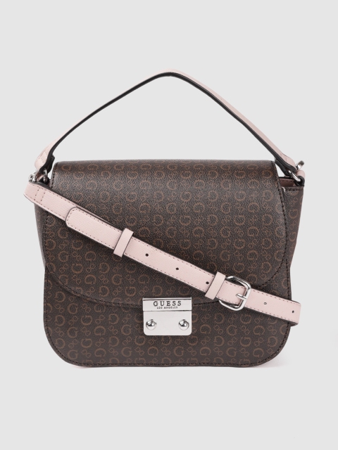 

GUESS Women Coffee Brown Brand Logo Print Structured Satchel