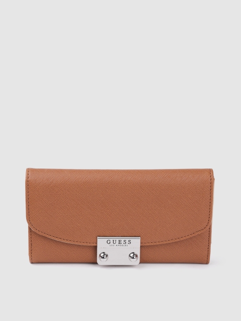 

GUESS Women Tan Brown Saffiano Textured Three Fold Wallet