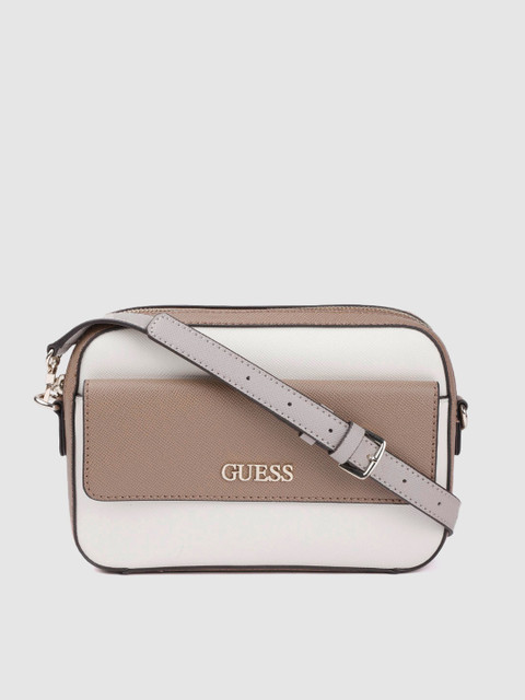 

GUESS White & Brown Colourblocked Saffiano Textured Sling Bag