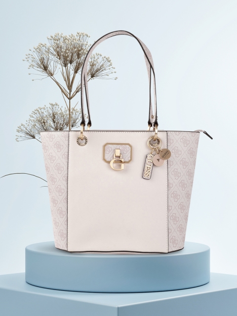 

GUESS Off-White & Light Pink Brand Logo Printed PU Structured Shoulder Bag