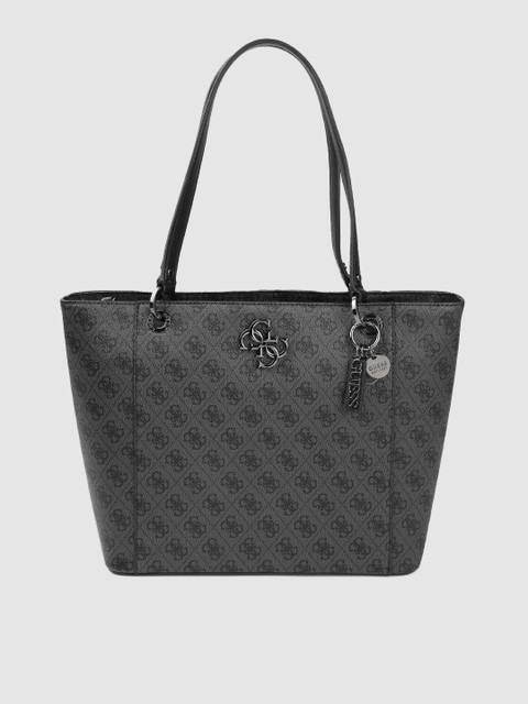 

GUESS Women Charcoal Grey & Black Brand Logo Print Structured Shoulder Bag