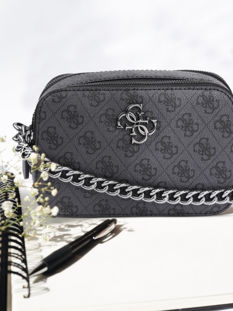 

GUESS Women Charcoal Grey & Black Brand Logo Print Structured Sling Bag