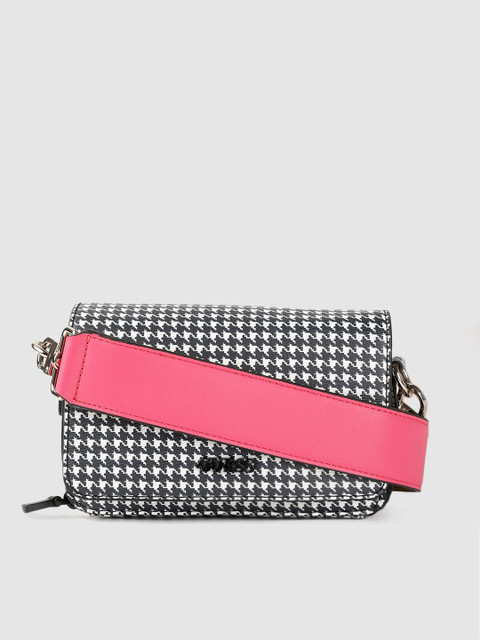 

GUESS Black & White Houndstooth Print Sling Bag with Dual-Tone Sling Strap
