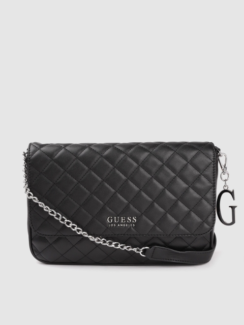 

GUESS Black Quilted Structured Sling Bag with Non-Detachable Sling Strap Tab & Pouch