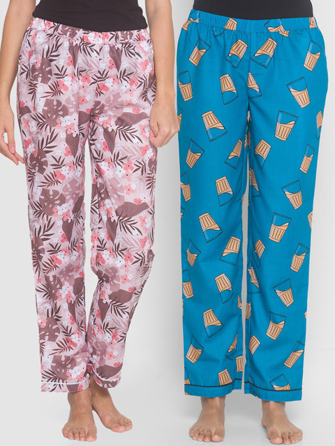 

FashionRack Women Pack of 2 Beige & Blue Printed Lounge Pants