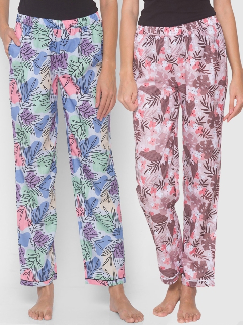 

FashionRack Women Pack of 2 Beige & Blue Printed Lounge Pants