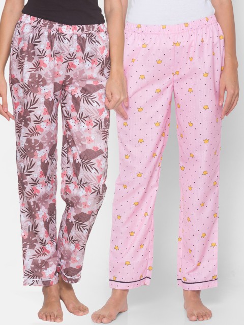 

FashionRack Women Beige & Pink Pack of 2 Cotton Printed Pyjamas