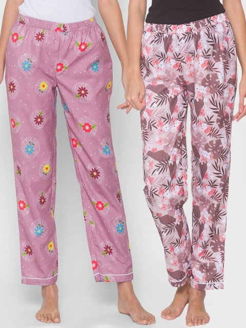 

FashionRack Women Pack of 2 Beige & Purple Printed Lounge Pants