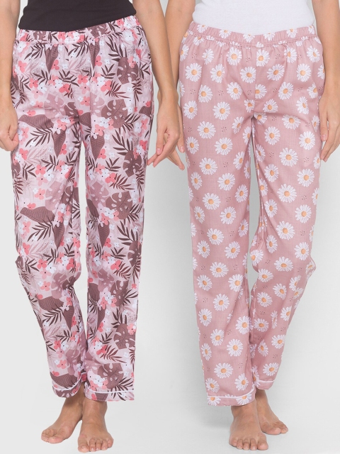 

FashionRack Women Pack of 2 Beige & Pink Cotton Printed Lounge Pants