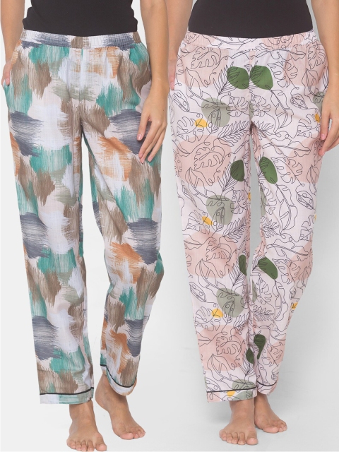 

FashionRack Women Pack of 2 Beige & Green Printed Lounge Pants
