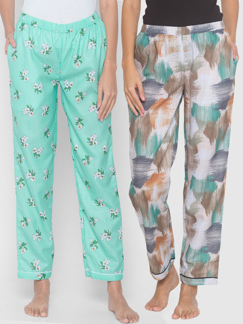 

FashionRack Women Beige & Blue Pack of 2 Cotton Printed Pyjamas