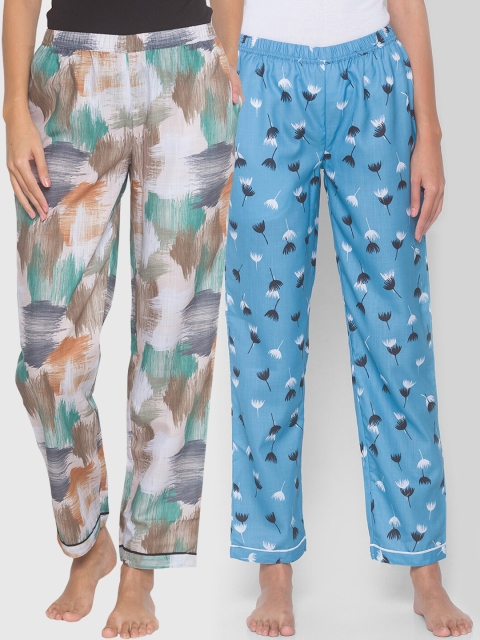 

FashionRack Women Pack of 2 Beige & Blue Printed Lounge Pants