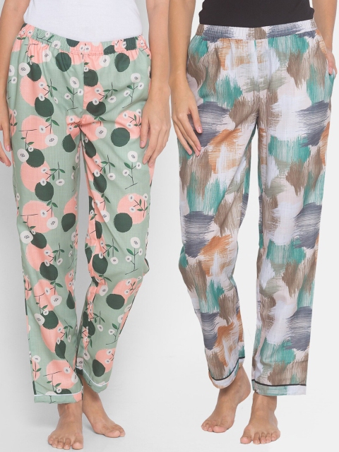 

FashionRack Women Pack of 2 Beige & Green Printed Lounge Pants