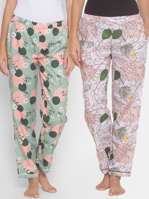 

FashionRack Women Beige & Green Pack of 2 Printed Cotton Lounge Pants