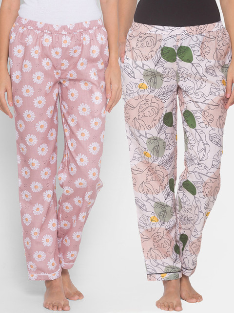 

FashionRack Women Beige & Pink Pack of 2 Cotton Printed Pyjamas