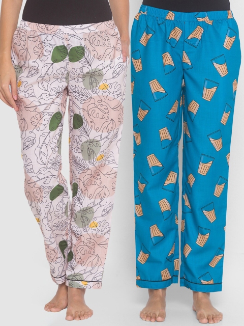 

FashionRack Women Pack of 2 Beige & Blue Printed Lounge Pants