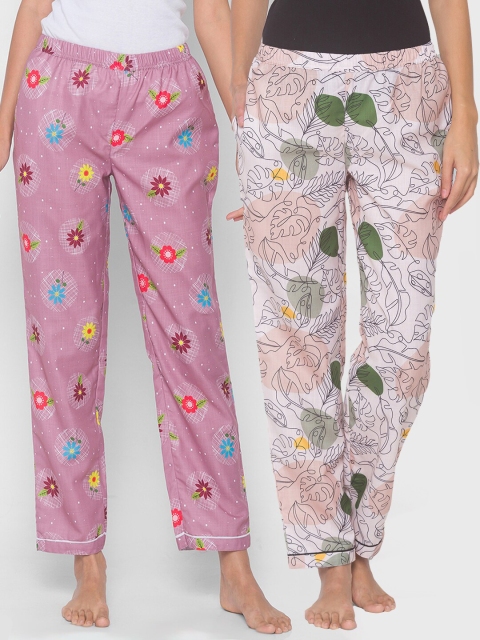 

FashionRack Women Pack of 2 Beige & Purple Printed Lounge Pants