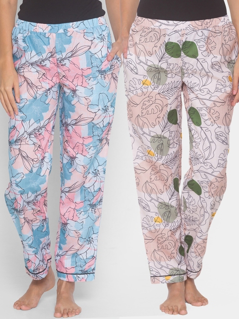 

FashionRack Women Pack of 2 Beige & Blue Printed Lounge Pants