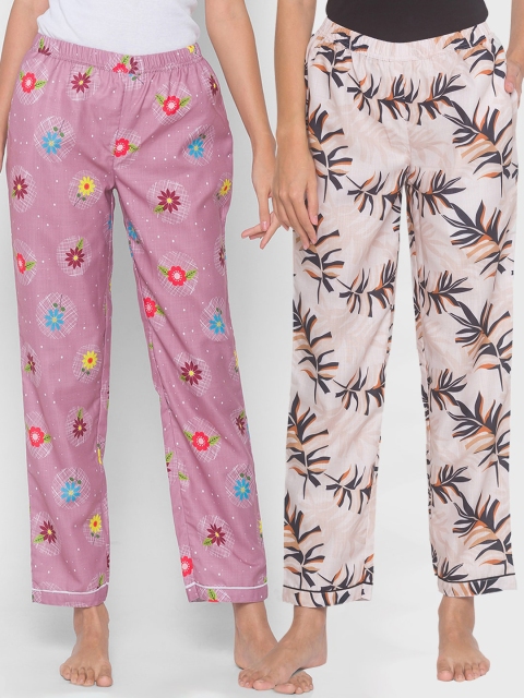 

FashionRack Women Pack of 2 Beige & Purple Printed Lounge Pants