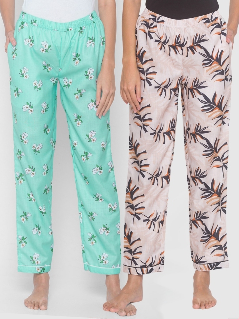 

FashionRack Women Pack of 2 Beige & Blue Cotton Printed Lounge Pants