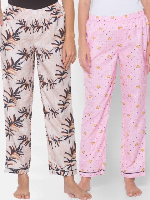

FashionRack Women Pack of 2 Beige & Pink Printed Lounge Pants