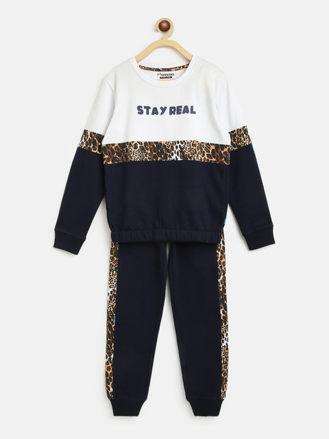 

Lil Tomatoes Girls Navy Blue & White Colourblocked Pure Cotton Tracksuits