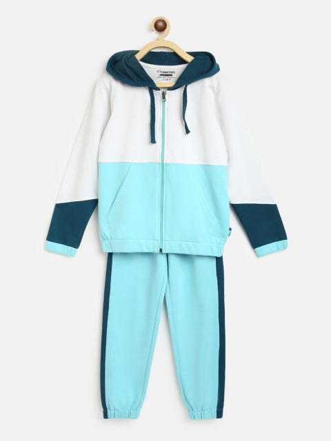 

Lil Tomatoes Girls Blue & White Colourblocked Pure Cotton Track Suit