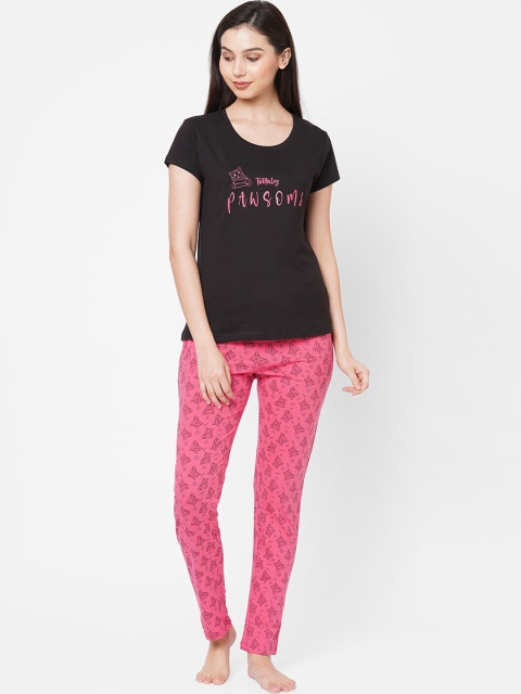 

Sweet Dreams Women Black & Pink Printed Night Suit