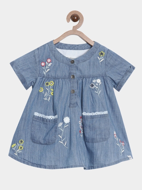 

Nuberry Girls Blue Pure Cotton Floral Embroidered A-Line Dress