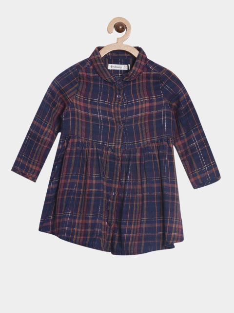 

Nuberry Navy Blue & Maroon Checked Pure Cotton Shirt Dress