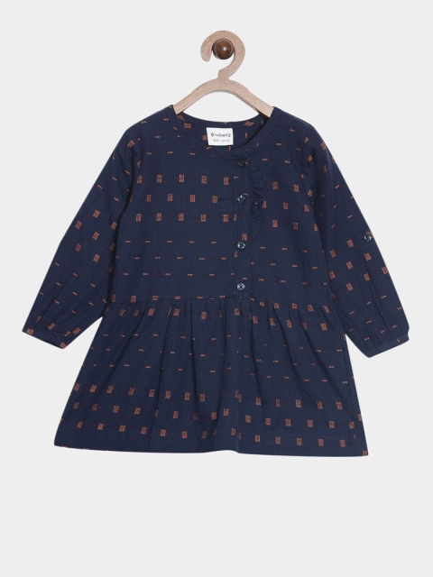 

Nuberry Navy Pure Cotton Blue Printed Peplum Dress, Navy blue