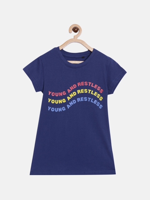 

SayItLoud Girls Navy Blue & Yellow Typography Printed Pure Cotton T-shirt