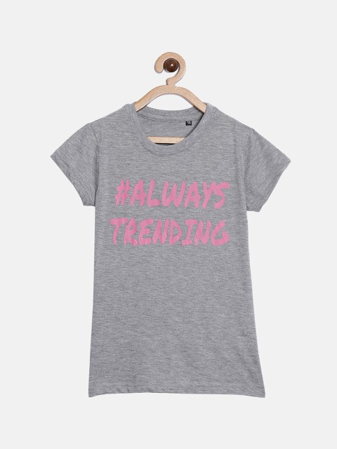 

SayItLoud Girls Grey Melange Pure Cotton Printed T-shirt