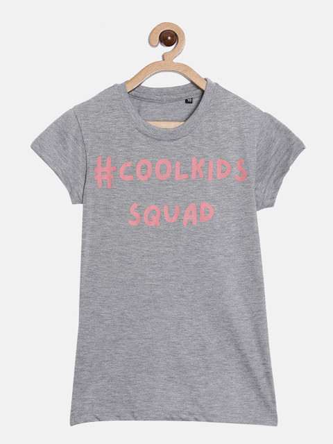 

SayItLoud Girls Grey Melange Typography Printed Cotton T-shirt