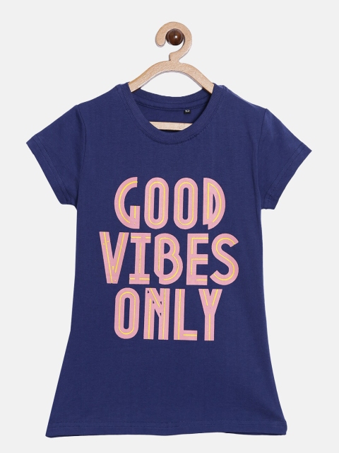 

SayItLoud Girls Navy Blue & Pink Typography Printed T-shirt