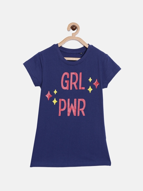 

SayItLoud Girls Navy Blue Pure Cotton Typography Printed Longline T-shirt