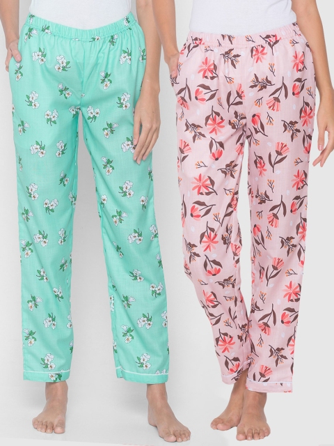 

FashionRack Women Pack of 2 Pink & Turquoise Blue Blue Printed Lounge Pants