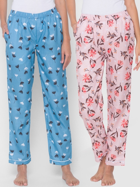 

FashionRack Women Pack of 2 Pink & Blue Printed Lounge Pants