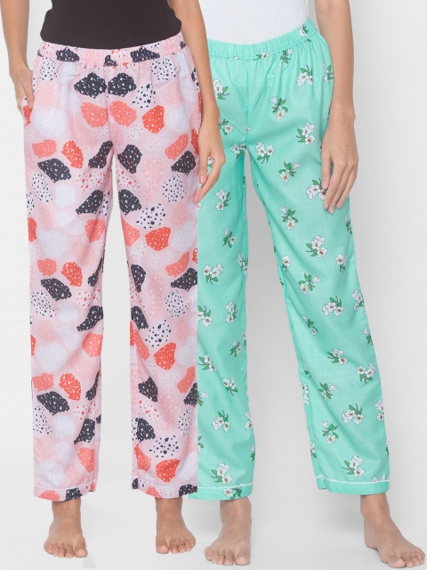 

FashionRack Women Pack of 2 Pink & Blue Cotton Printed Lounge Pants