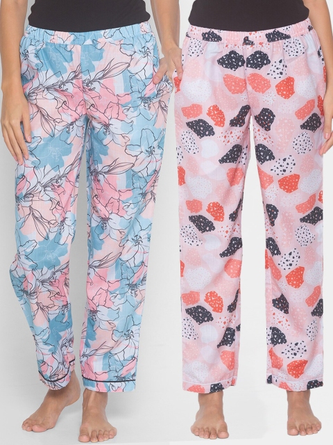 

FashionRack Women Pack of 2 Pink & Blue Cotton Printed Lounge Pants