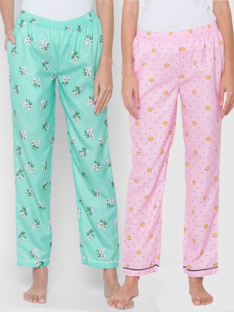 

FashionRack Women Pack of 2 Pink & Turquoise Blue Printed Lounge Pants