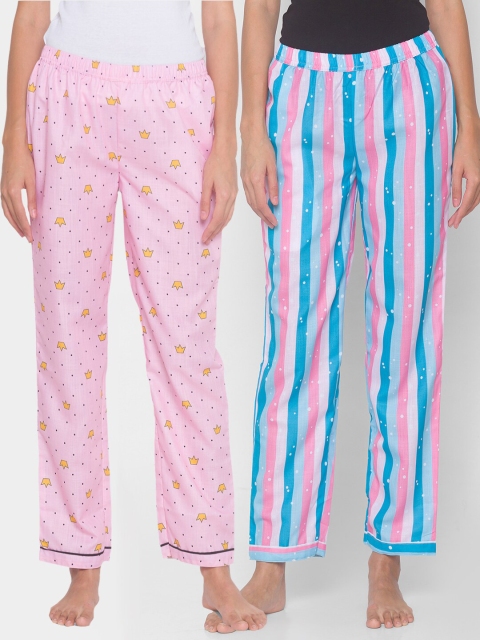 

FashionRack Women Pack of 2 Pink & Blue Cotton Printed Lounge Pants