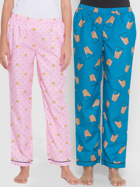 

FashionRack Women Pack of 2 Pink & Blue Printed Lounge Pants