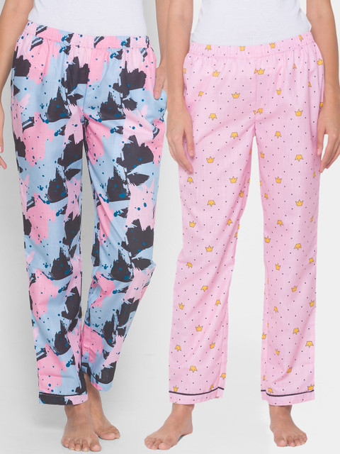 

FashionRack Women Pack of 2 Pink & Blue Printed Lounge Pants