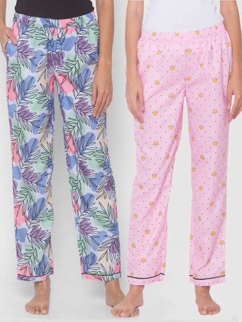 

FashionRack Women Set of 2 Printed Cotton Lounge Pants, Pink