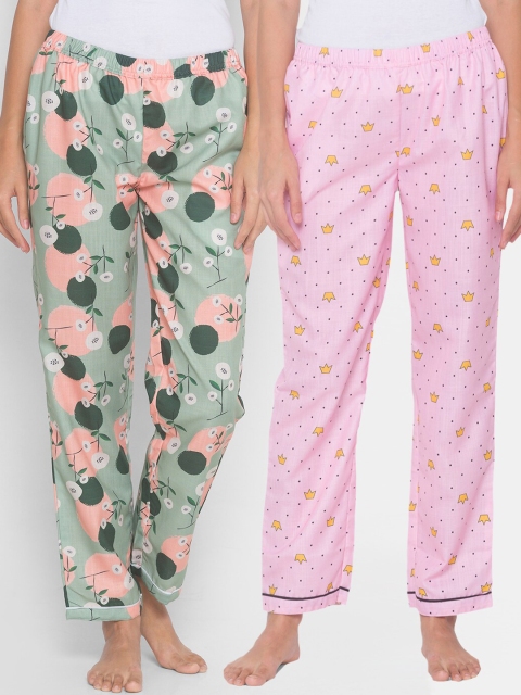 

FashionRack Women Pink & Green Pack of 2 Printed Cotton Lounge Pants
