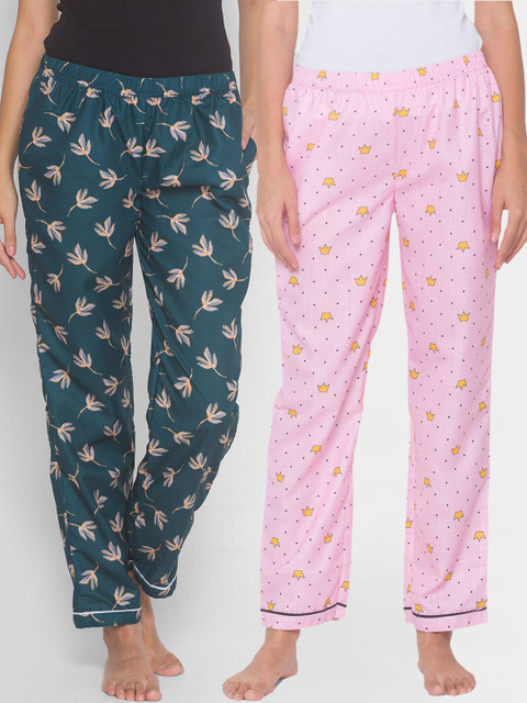 

FashionRack Women Pack of 2 Pink & Green Cotton Printed Lounge Pants