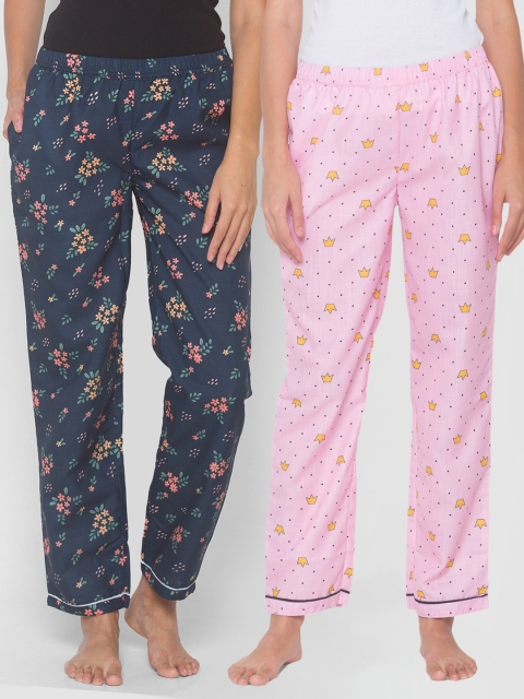 

FashionRack Women Pack of 2 Pink & Navy Blue Printed Lounge Pants